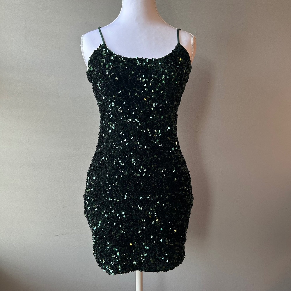 Lucy In The Sky Emerald Green Sequin Mini Dress Bodycon Adjustable Straps M‎